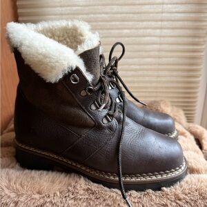 Blondo Brown Leather Lace-Up Boots with Cream Shearling Collar